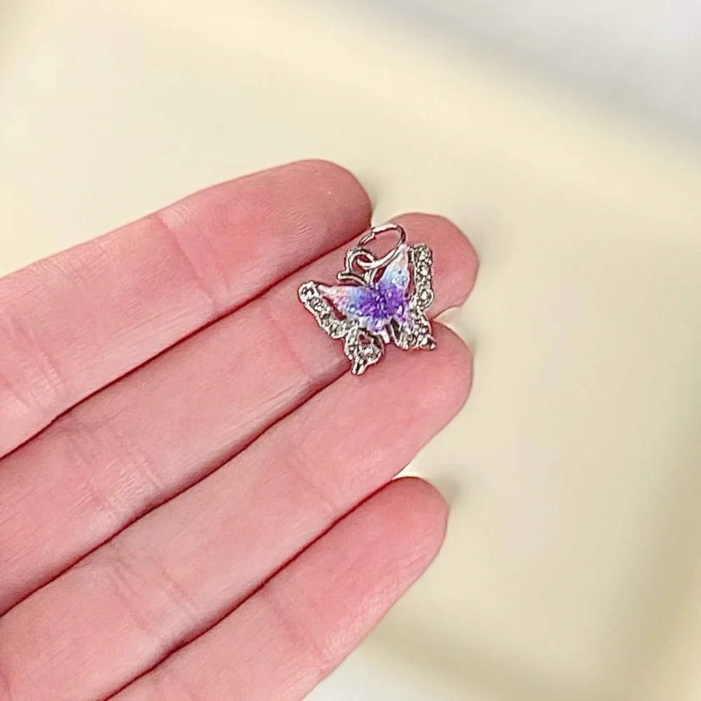 Sparkling Butterfly Charm Pendant – Silver Tone with Crystal & Pastel Enamel